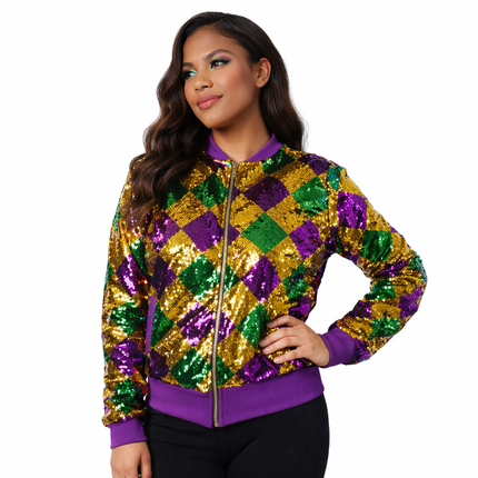 Adult Harlequin Sequin Mardi Gras Zip - Up Jacket - Mardi Gras Apparel - Adult, apparel discount tier, Gold - Sequin Jacket