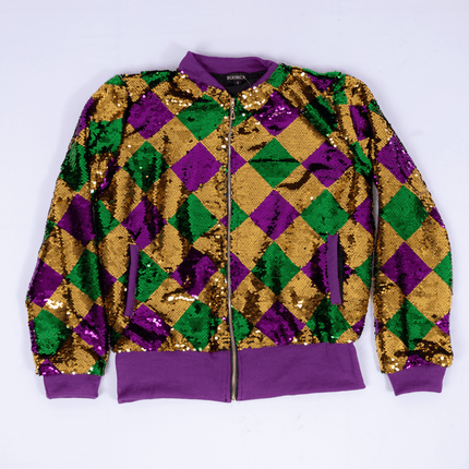 Adult Harlequin Sequin Mardi Gras Zip - Up Jacket - Mardi Gras Apparel - Adult, Gold, Green - Sequin Jacket