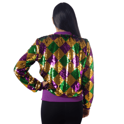 Adult Harlequin Sequin Mardi Gras Zip - Up Jacket - Mardi Gras Apparel - Adult, Gold, Green - Sequin Jacket