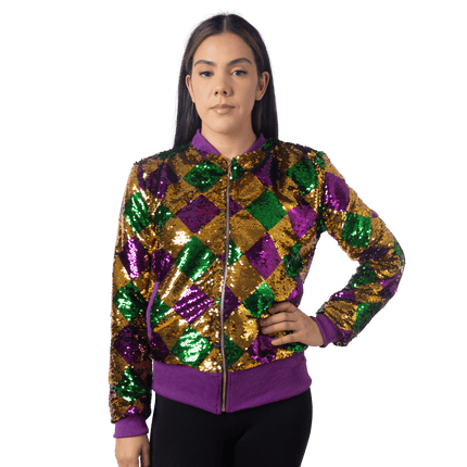 Adult Harlequin Sequin Mardi Gras Zip - Up Jacket - Mardi Gras Apparel - Adult, Gold, Green - Sequin Jacket