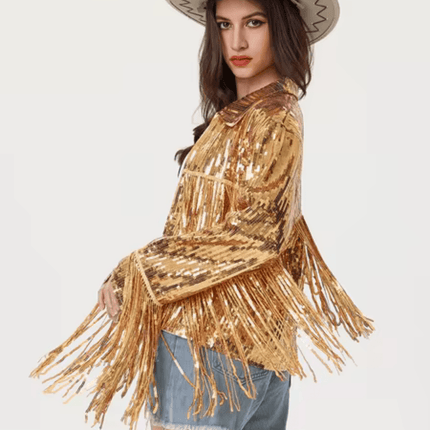 Adult Ladies Golden Sequin Fringe Jacket - Mardi Gras Apparel - Adult, Gold, Ladies - Sequin