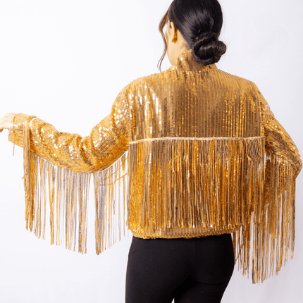 Adult Ladies Golden Sequin Fringe Jacket - Mardi Gras Apparel - Adult, Gold, Ladies - Sequin