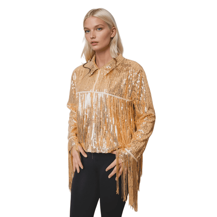 Adult Ladies Golden Sequin Fringe Jacket - Mardi Gras Apparel - Adult, Gold, Ladies - Sequin