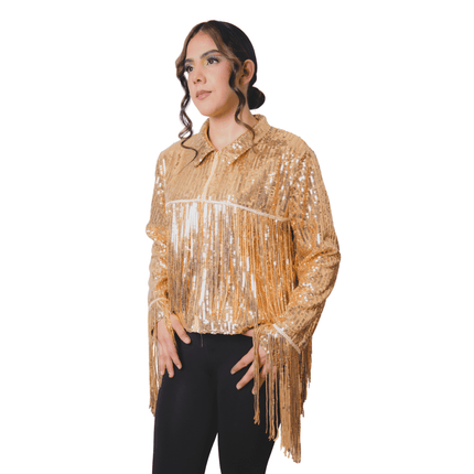 Adult Ladies Golden Sequin Fringe Jacket - Mardi Gras Apparel - Adult, Gold, Ladies - Sequin