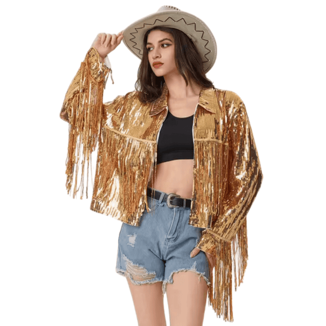 Adult Ladies Golden Sequin Fringe Jacket - Mardi Gras Apparel - Adult, Gold, Ladies - Sequin