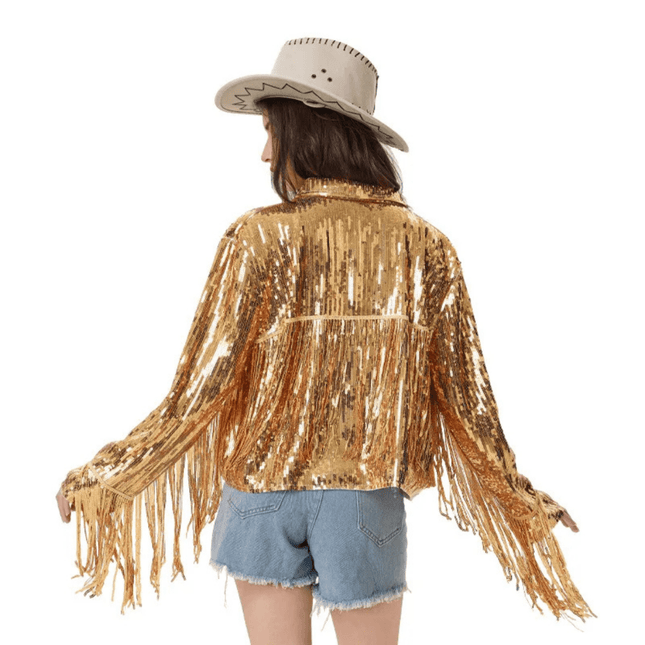 Adult Ladies Golden Sequin Fringe Jacket - Mardi Gras Apparel - Adult, Gold, Ladies - Sequin