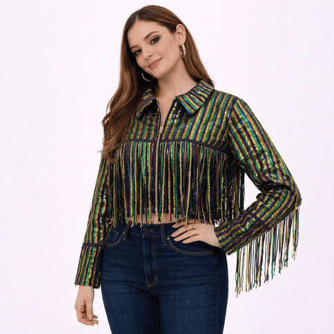 Adult Ladies Multicolor Sequin Fringe Jacket - Mardi Gras Apparel - Adult, apparel discount tier, Gold - Sequin