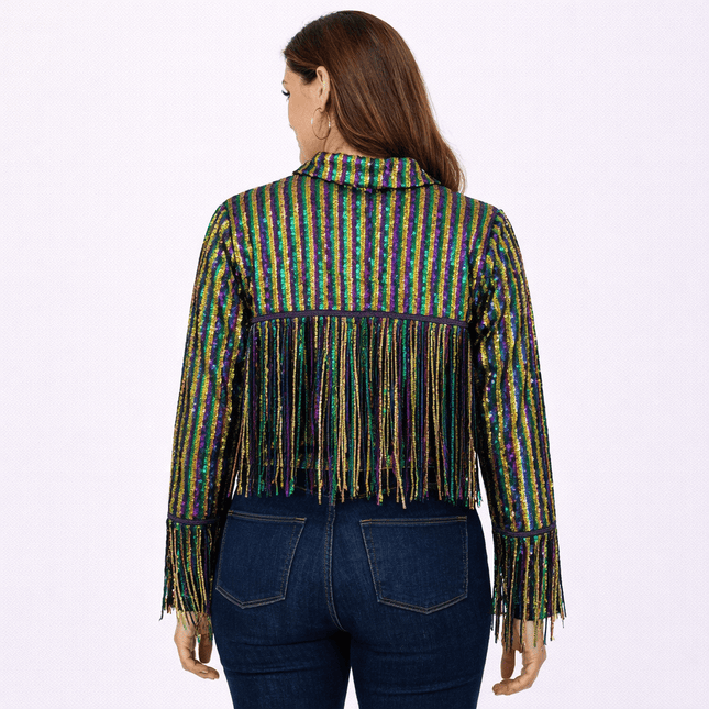 Adult Ladies Multicolor Sequin Fringe Jacket - Mardi Gras Apparel - Adult, apparel discount tier, Gold - Sequin