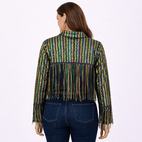 Adult Ladies Multicolor Sequin Fringe Jacket - Mardi Gras Apparel - Adult, apparel discount tier, Gold - Sequin