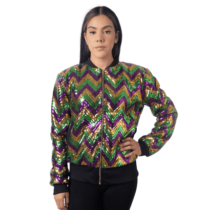 Adult Mardi Gras Chevron Sequin Bomber Jacket - Mardi Gras Apparel - Adult, Gold, Green - Sequin Jacket