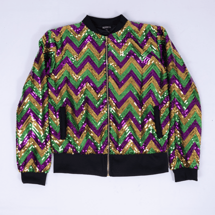 Adult Mardi Gras Chevron Sequin Bomber Jacket - Mardi Gras Apparel - Adult, Gold, Green - Sequin Jacket