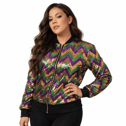 Adult Mardi Gras Chevron Sequin Bomber Jacket - Mardi Gras Apparel - Adult, apparel discount tier, Gold - Sequin Jacket