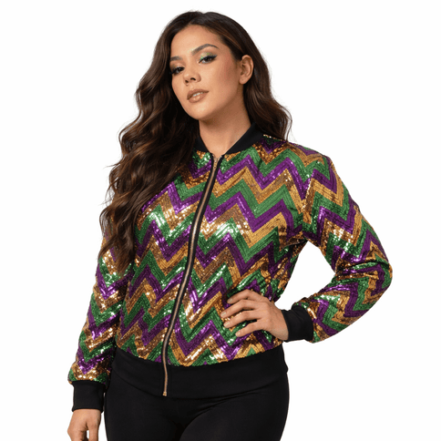 Adult Mardi Gras Chevron Sequin Bomber Jacket - Mardi Gras Apparel - Adult, apparel discount tier, Gold - Sequin Jacket