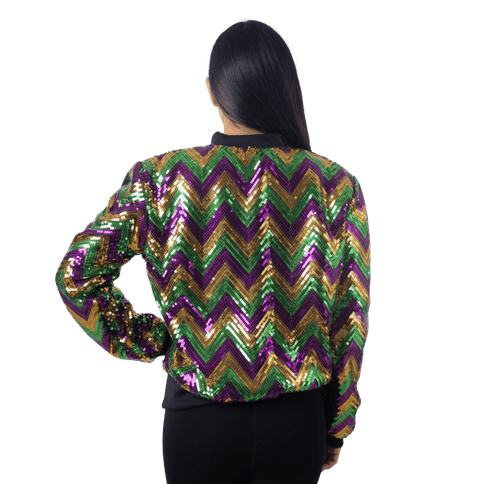 Adult Mardi Gras Chevron Sequin Bomber Jacket - Mardi Gras Apparel - Adult, Gold, Green - Sequin Jacket