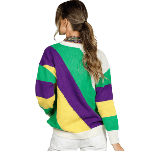 Adult Mardi Gras Color Block Long Sleeve Sweater - Mardi Gras Apparel - Adult, Ladies, Short Sleeve - Sweater