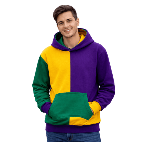Adult Mardi Gras Color Block Pullover Hoodie Purple Green Gold - Mardi Gras Apparel - Adult, Adult Unisex, Fleece - Hoodie