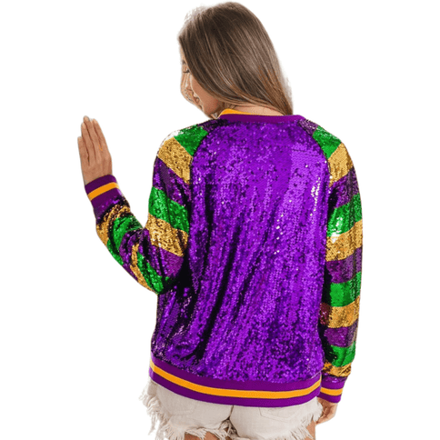 Adult Mardi Gras Color Block Sequin Bomber Jacket - Mardi Gras Apparel - Adult, Bibi, Bibi Top Chart - Sequin Jacket