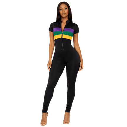 Adult Mardi Gras Color - Block Zip - Front Jumpsuit Black - Mardi Gras Apparel - Adult, Gold, Green - Jumpsuit