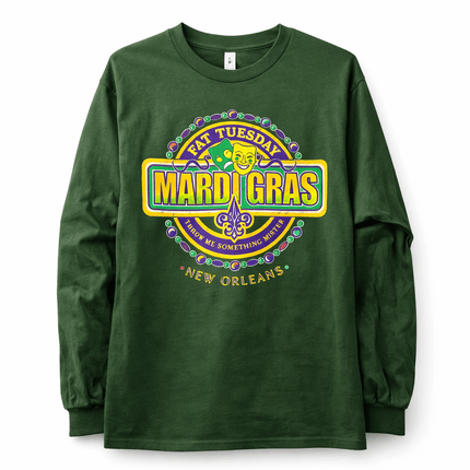 Adult Mardi Gras Fat Tuesday Green Long Sleeve Tee - shirt - Mardi Gras Apparel - 100% Cotton, Adult, Adult Unisex - Tee - Shirt
