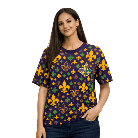 Adult Mardi Gras Fleur de Lis Print Purple Top - Mardi Gras Apparel - Adult, Bibi, Bibi Top Chart - Sequin Tops