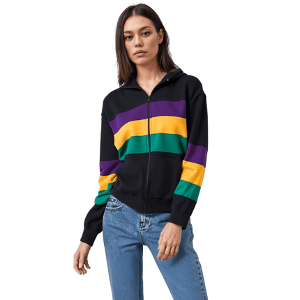 Adult Mardi Gras Full - Zip Hoodie Black with Purple, Green, and Gold Stripes - Mardi Gras Apparel - Adult Unisex, Green, Hoodie - Hoodie