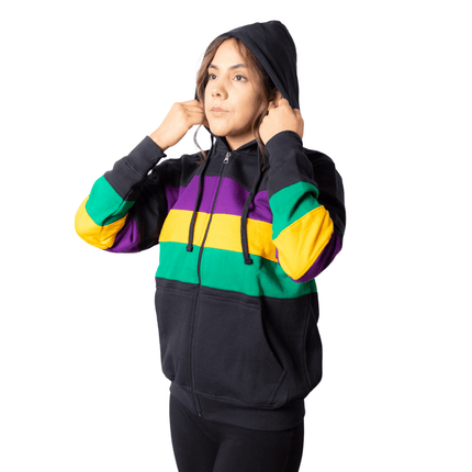 Adult Mardi Gras Full - Zip Hoodie Black with Purple, Green, and Gold Stripes - Mardi Gras Apparel - Adult Unisex, Green, Hoodie - Hoodie