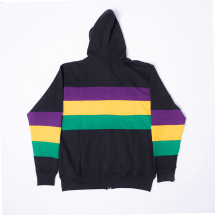 Adult Mardi Gras Full - Zip Hoodie Black with Purple, Green, and Gold Stripes - Mardi Gras Apparel - Adult Unisex, Green, Hoodie - Hoodie