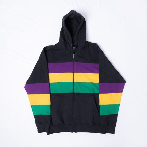 Adult Mardi Gras Full - Zip Hoodie Black with Purple, Green, and Gold Stripes - Mardi Gras Apparel - Adult Unisex, Green, Hoodie - Hoodie