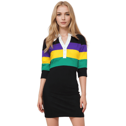 Adult Mardi Gras Ladies Dress Black Body with PGG Striped Chest & Arms - Mardi Gras Apparel - 3/4 Sleeve, Adult, Black - Dress