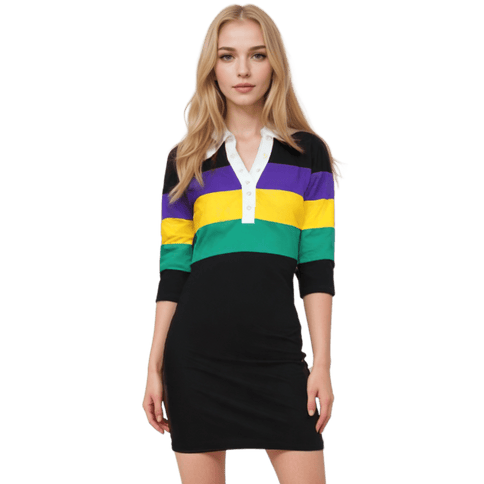 Adult Mardi Gras Ladies Dress Black Body with PGG Striped Chest & Arms - Mardi Gras Apparel - 3/4 Sleeve, Adult, Black - Dress