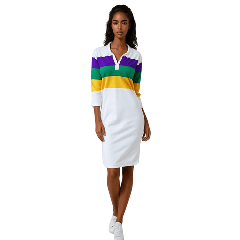 Adult Mardi Gras Ladies Dress White Body with PGG Striped Chest & Arms - Mardi Gras Apparel - 3/4 Sleeve, Adult, Collared - Dress