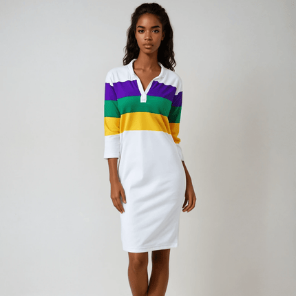 Adult Mardi Gras Ladies Dress White Body with PGG Striped Chest & Arms - Mardi Gras Apparel - 3/4 Sleeve, Adult, Collared - Dress