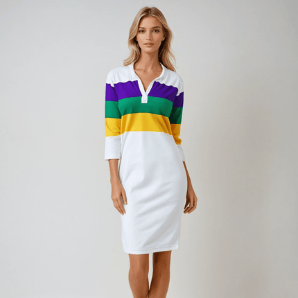 women's mardi gras dress Fleur-de-Lis Sequin Gathered Sleeves with Ties and Opening Slit Cross Over Bust Knee Length or Below Circle Skirt Fitted and Top Stitched Underbust Pockets Side Zipper Shorter version of Stacia Dress Fabric Mardi Gras Queen Adult Costume