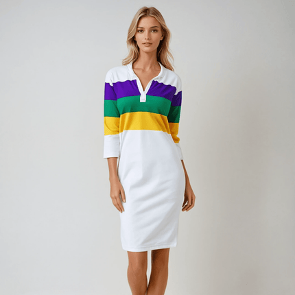 Adult Mardi Gras Ladies Dress White Body with PGG Striped Chest & Arms - Mardi Gras Apparel - 3/4 Sleeve, Adult, Collared - Dress