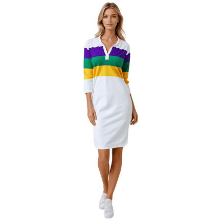 Adult Mardi Gras Ladies Dress White Body with PGG Striped Chest & Arms - Mardi Gras Apparel - 3/4 Sleeve, Adult, Collared - Dress