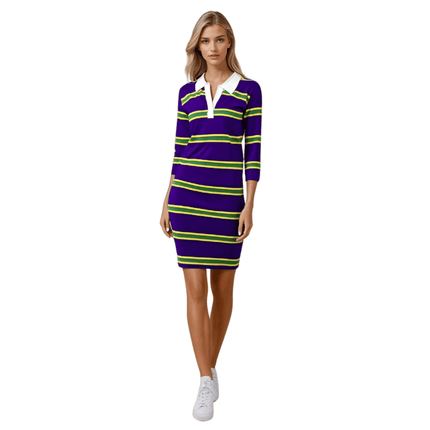 Adult Mardi Gras Ladies Purple Dress with Gold & Green Stripes - Mardi Gras Apparel - 3/4 Sleeve, Adult, Collared - Dress