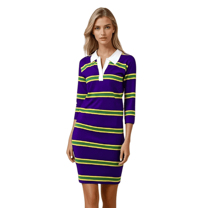 Adult Mardi Gras Ladies Purple Dress with Gold & Green Stripes - Mardi Gras Apparel - 3/4 Sleeve, Adult, Collared - Dress