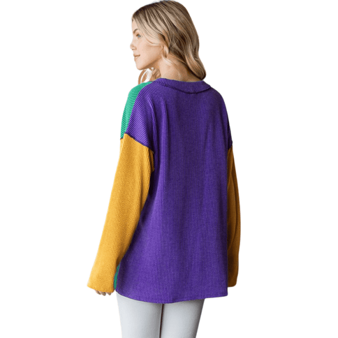 Adult Mardi Gras Long Sleeve Urban Rib Color Block Top - Mardi Gras Apparel - Adult, Ladies, sweatshirt - Sweatshirt