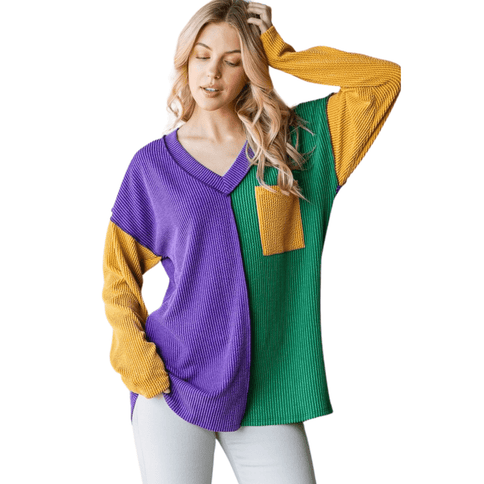 Adult Mardi Gras Long Sleeve Urban Rib Color Block Top - Mardi Gras Apparel - Adult, Ladies, sweatshirt - Sweatshirt