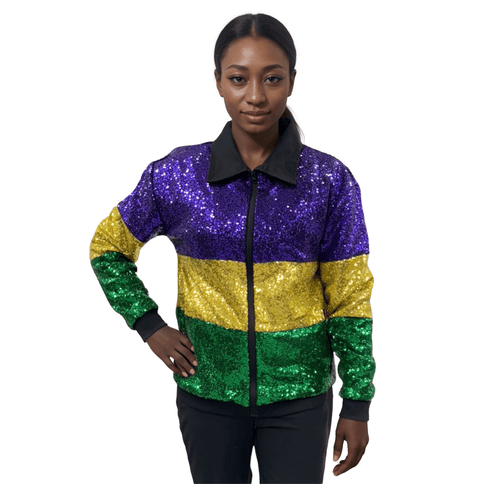 Adult Mardi Gras Sequin Color Block Jacket - Mardi Gras Apparel - Adult, Gold, Green - Sequin Jacket