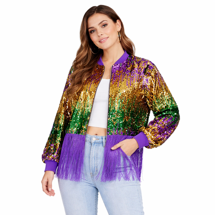Adult Mardi Gras Sequin Fringe Bomber Jacket - Mardi Gras Apparel - Adult, apparel discount tier, Gold - Sequin