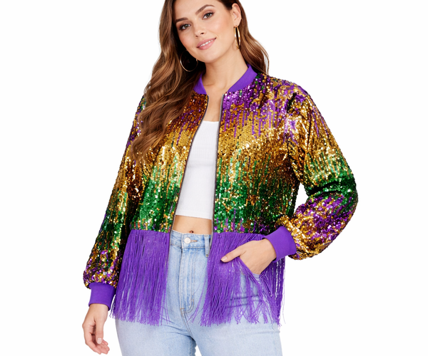 Adult Mardi Gras Sequin Fringe Bomber Jacket - Mardi Gras Apparel