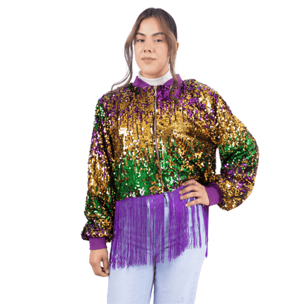 Adult Mardi Gras Sequin Fringe Bomber Jacket - Mardi Gras Apparel - Adult, Gold, Green - Sequin