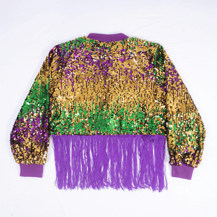 Adult Mardi Gras Sequin Fringe Bomber Jacket - Mardi Gras Apparel - Adult, Gold, Green - Sequin