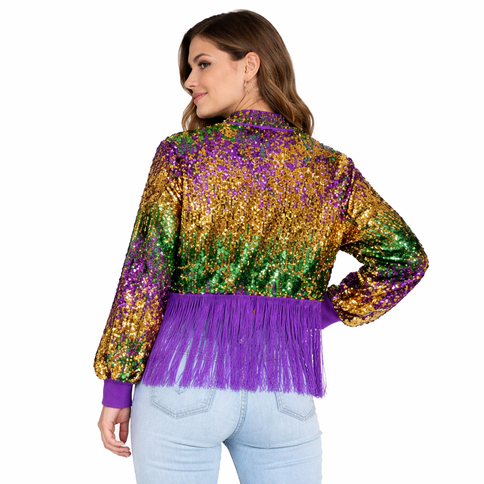 Adult Mardi Gras Sequin Fringe Bomber Jacket - Mardi Gras Apparel - Adult, apparel discount tier, Gold - Sequin