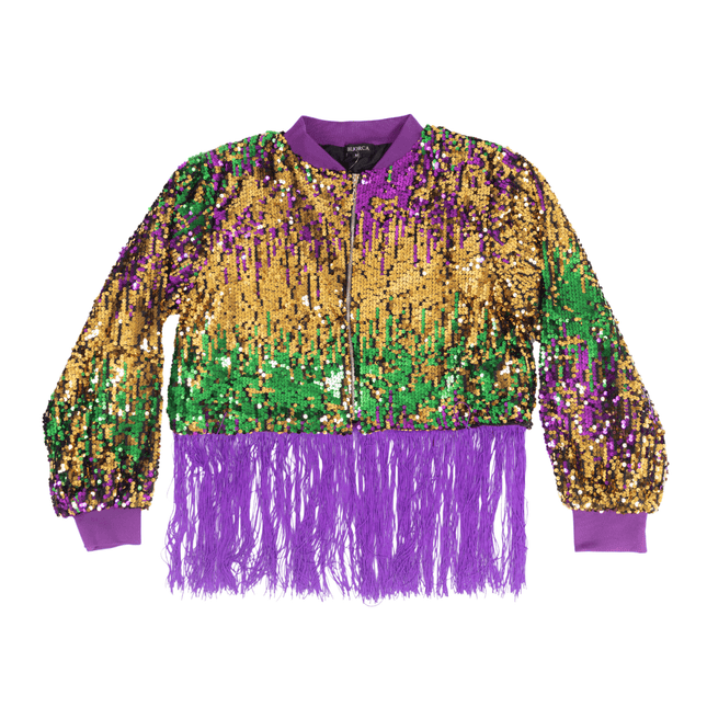 Adult Mardi Gras Sequin Fringe Bomber Jacket - Mardi Gras Apparel - Adult, Gold, Green - Sequin