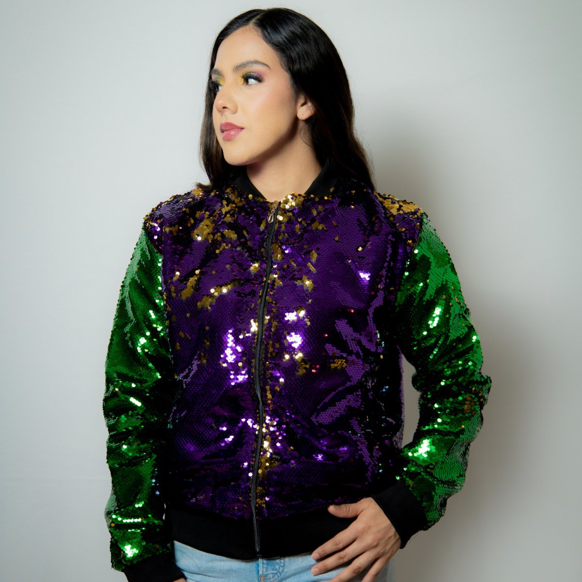 Adult Mardi Gras Sequin Jacket Purple & Green - Mardi Gras Apparel - Adult, Green, Ladies - Sequin Jacket