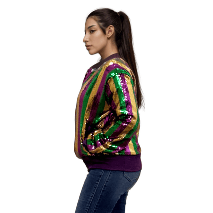 Adult Mardi Gras Sequin Striped Bomber Jacket - Mardi Gras Apparel - Adult, Gold, Green - Sequin Jacket