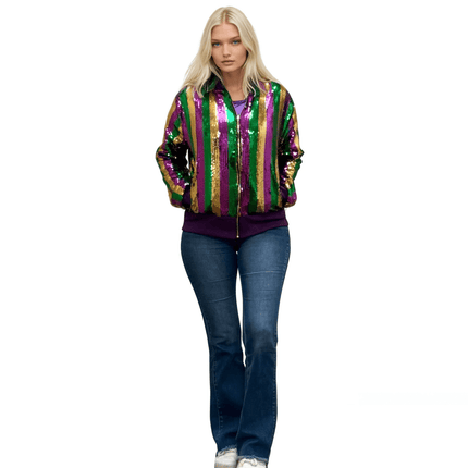 Adult Mardi Gras Sequin Striped Bomber Jacket - Mardi Gras Apparel - Adult, Gold, Green - Sequin Jacket