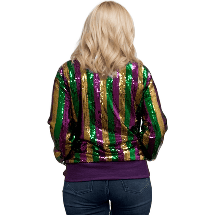 Adult Mardi Gras Sequin Striped Bomber Jacket - Mardi Gras Apparel - Adult, Gold, Green - Sequin Jacket